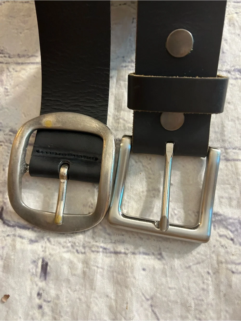 LOT OF (2) BLACK LEATHER CHUNKY SILVER TONE BUCKLES WIDE MEN RUGGED BELTS